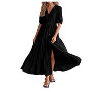 Générique Robe Longue Boheme Chic Mariage Invité de Plage Fluide Legere Maxi Fendue col v Manche Courte Simple Unie Femme Vintage Retro Casual Vacances