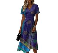 Générique Robe Longue de soirée d été à imprimé Floral col en V Manches Courtes Robe midi décontractée Robes Tunique Vintage trapèze Robes Taille Haute évasée pour Femme 2