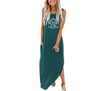 Générique Robe Longue décontractée à imprimé Floral pour Femme Tenue Estivale Ample avec Poches col Rond sans Manches Parfaite pour la Plage ou Les Sorties Quotidiennes (Green, XXL)