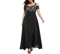Générique Robe Longue Dentelle Fleurie Manches Épaule Dévoilée pour Femmes Grande Soirée Élégante (Black, XXXXXL)