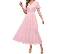 Générique Robe Longue d'été 2026 Femme Manches Courtes Casual col V avec Motifs ajourés et Volants Silhouette A évasée(S)