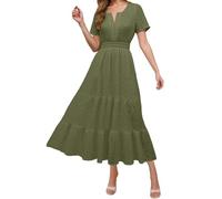 Générique Robe Longue d'été 2026 Femme Manches Courtes Casual col V avec Motifs ajourés et Volants Silhouette A évasée(Army Green, XXL)