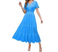 Générique Robe Longue d'été 2026 Femme Manches Courtes Casual col V avec Motifs ajourés et Volants Silhouette A évasée(Blue, XL)