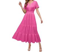 Générique Robe Longue d'été 2026 Femme Manches Courtes Casual col V avec Motifs ajourés et Volants Silhouette A évasée(Red, XS)