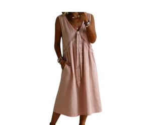 Générique Robe Longue d'été Fluide pour Femme - Coupe Ample, Bordure en Dentelle, col en V Profond, sans Manches - Style trapèze, idéale pour la Plage et Les Vacances (Rose,Grand)