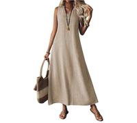 Générique Robe Longue en Coton Lin Fermeture Eclair Col en V Uni sans Manches Vacances Decontractees Robe Femme Chic Et Elegant