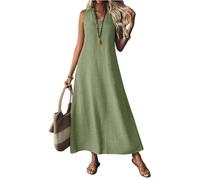 Générique Robe Longue en Coton Lin Fermeture Eclair Col en V Uni sans Manches Vacances Decontractees Robe Femme Chic Et Elegant