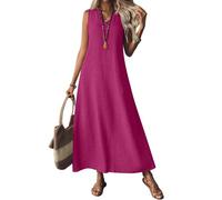 Générique Robe Longue en Coton Lin Fermeture Eclair Col en V Uni sans Manches Vacances Decontractees Robe Femme Chic Et Elegant