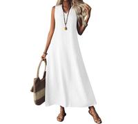 Générique Robe Longue en Coton Lin Fermeture Eclair Col en V Uni sans Manches Vacances Decontractees Robe Femme Chic Et Elegant