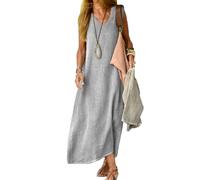 Générique Robe Longue en Lin pour Femme, Col V, sans Manches, Style Bohème, Tunique (Grey, M)