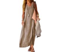 Générique Robe Longue en Lin pour Femme, Col V, sans Manches, Style Bohème, Tunique (Khaki, M)