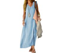 Générique Robe Longue en Lin pour Femme, Col V, sans Manches, Style Bohème, Tunique (Light Blue, M)