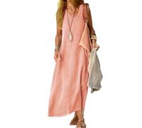 Générique Robe Longue en Lin pour Femme, Col V, sans Manches, Style Bohème, Tunique (Pink, M)