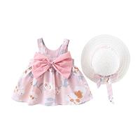 Générique Robe Longue Enfant Princesse Infantile bébé sans Manches Filles Robe Florale 03Y Vacances Arc Robes de Plage Enfant en Bas âge Volants été Ensemble Chapeau Filles Robes