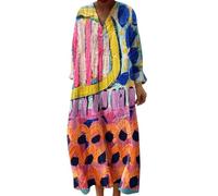 Générique Robe Longue Femme Boho Chic en Lin, Col V Manches Longues, Robe Maxi Fleurie Vintage pour Plage et Vacances, Coupe Ample Fluide Grande Taille Élégante et Légère