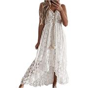 Générique Robe Longue Femme Ete Boheme Chic et Elegant Robe de Plage Dentelle avec Pompon Col en V évasé à Volants Bretelles Spaghetti Sexy Dos Nu Robes Trapeze Legere Fluide, Blanc, XL