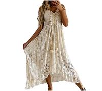Générique Robe Longue Femme Ete Boheme Chic et Elegant Robe de Plage Dentelle avec Pompon Col en V évasé à Volants Bretelles Spaghetti Sexy Dos Nu Robes Trapeze Legere Fluide, Beige, S