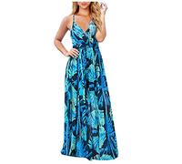 Générique Robe Longue Femme Ete Boheme Chic Robe de Plage Bohémien Bretelles Spaghetti Sexy Col en V Dos Nu Robes Bretelles Fines Trapeze Legere Fluide, Bleu foncé, L