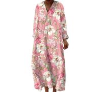 Générique Robe Longue Femme Ete Boho Chic Dress Ample et Fluide Grande Taille Élégante Chic Robes Femmes D été Manche Longue Col V Plage DéContractée Robe Femme Chic Et Elegant Boheme Mode