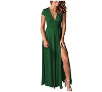 Générique Robe Longue Femme Ete Chic et Elegant Robe de Plage Manches Courtes Col en V Taille Haute Fendue Robes Cocktail Demoiselle d'honneur Mariage Fête Aniversaire, Vert, S