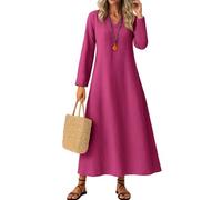Générique Robe Longue Femme Grande Taille,Robe De Plage Élégante Cintrée Col en V Manches Longues en Coton Uni Couleur Unie, Mode Boho Chic pour Été avec Coupe Ample Jupe Midi（01-Rose Vif,XXL）