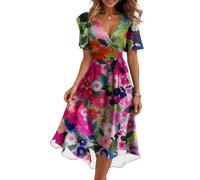 Générique Robe Longue Femme Mariage D'été Robe Fluide Courte Manches Courtes Vetement Femme Ete Chemise Plage col en V Summer Dress Vente Flash du Jour Et Soldes Rose Vif M