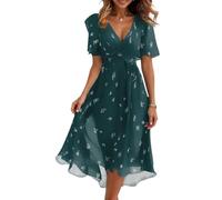Générique Robe Longue Femme Mariage D'été Robe Fluide Mousseline Courte Manches Courtes Vetement Femme Ete Boheme Chiffon col en V Summer Dress Et Ventes Flash Vert foncé L