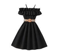 Générique Robe Longue Fille en Mousseline de Soie en Col Bateau à Volants, Robes Chic Boho avec Ceintures, Robes de Princess Coupe Trapèze Longue pour Plage Vacances Adolescent Filles 6-13 Ans