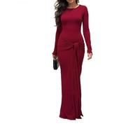 Générique Robe Longue Moulante froncée à col Rond pour Femme Automne 2026 Manches Longues élégante idéale pour Une invitée à Un Mariage Formel avec nœud sur Le Devant