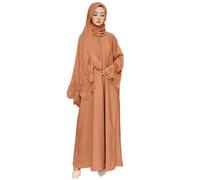 Générique Robe Longue Musulmane Femme,Robe Femme Musulmane Chic Et Elegant à Manches Longues Tenue De PrièRe Couleur Unie avec Bord en Dentelle VêTements Ethnique avec Foulard pour Le Ramadan