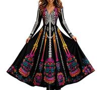 Générique Robe Longue Squelette Femme,Día de Los Muertos Roses Fleurs Gothique Art Squelette Fleuri,Roses Mexicaines,col V,Manches Longues,Taille Cintrée,Robe Longue Rechercher sur Cette Page,S-5XL