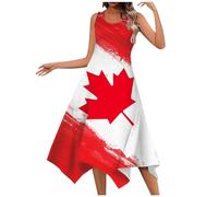 Générique Robe Manche Longue Femme Mode féminine Printemps et été Canada Independence Day imprimé Ourlet irrégulier col Rond sans Manches Poches latérales Robe Longue décontractée(4)