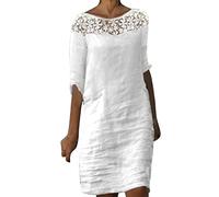 Générique Robe Maxi Femme - Robe Lin Femme - Robe D'Été pour Femme Manches Mi-Longues Col en Dentelle Mini-Robe Décontractée Robe Midi Élégante Et Ample De Style Bohème Chic