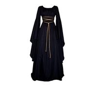 Générique Robe Medievale Femme Robe Halloween - Sexy Mode Long Cintré Vintage Élégant Soirée Manches Longues Fluide Adulte Dîner Gothique Motif Dress Noir L