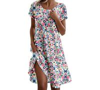 Générique Robe Mi-Longue à Fleurs Femme Col Rond Manches Courtes, Robe Ample à Fente Latérale avec Poches, Robe Bohème Été Plusieurs Couleurs