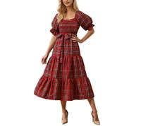 Générique Robe Mi-Longue Femme Carreaux Taille Cintrée Manches Longues Évasée Robe Chemise Boutonnée Décontractée Chic Robes Patineuse Automne Hiver Bureau Rendez-Vous Tenues de Plage Printemps Été