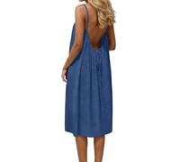 Générique Robe mi-Longue Femme d'été Backless décontractée sans Manches Caraco Coupe Ample Fluide Dress à Bretelles Spaghetti idéale Maison Quotidien Bureau Vacances