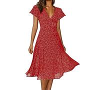 Générique Robe Mi - Longue Femme éTé Imprimé Polka Dot Col en V Manches Courtes Robe éLasticité Casual Tunique Pin-Up Robe De SoiréE Chic Et Elegant sous Le Genou Robe pour FêTe