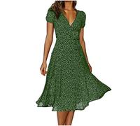 Générique Robe Mi - Longue Femme éTé Imprimé Polka Dot Col en V Manches Courtes Robe éLasticité Casual Tunique Pin-Up Robe De SoiréE Chic Et Elegant sous Le Genou Robe pour FêTe