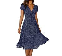 Générique Robe Mi - Longue Femme éTé Imprimé Polka Dot Col en V Manches Courtes Robe éLasticité Casual Tunique Pin-Up Robe De SoiréE Chic Et Elegant sous Le Genou Robe pour FêTe