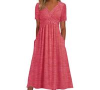 Générique Robe Mi-Longue Femme Fluide Grande Taille Chic et Elegant pour Soirée Mariage Invité Uni Trapèze Cocktail Col V Business Manche Courte