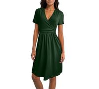 Générique Robe Mi-Longue Femme Manches Courtes Col V Imprimé Poches Style Export pour Quotidien Sortie Robe Décontractée(Green, S)