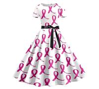 Générique Robe Midi Manches Courtes Vintage Pin Up Femme Octobre Rose Motif Ruban Rose Symbole Solidarité Féminine Tenue Élégante pour Cocktail, Fête et Événements Associatifs Automnaux