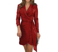 Générique Robe Mini à Manches Longues et Revers à Sequins Robe Portefeuille à Ceinture pailletée pour Femme idéale pour Une soirée Cocktail