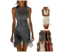 Générique Robe Mini Blanche Vintage sans Manches à Franges, Style Western Sexy, Fermeture éclair, col V, Tenue Country idéale pour Concert ou soirée (Collection 2026) (Gray,M)