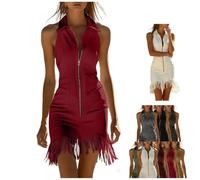 Générique Robe Mini Blanche Vintage sans Manches à Franges, Style Western Sexy, Fermeture éclair, col V, Tenue Country idéale pour Concert ou soirée (Collection 2026) (Rose Red,M)