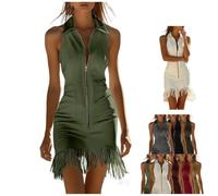 Générique Robe Mini Blanche Vintage sans Manches à Franges, Style Western Sexy, Fermeture éclair, col V, Tenue Country idéale pour Concert ou soirée (Collection 2026) (Green,M)