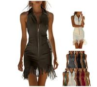 Générique Robe Mini Blanche Vintage sans Manches à Franges, Style Western Sexy, Fermeture éclair, col V, Tenue Country idéale pour Concert ou soirée (Collection 2026) (Dark Brown,TTG)