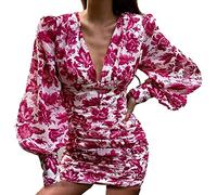 Générique Robe Moulante à Fleurs pour Femmes Minirobe froncée à Manches Longues et col en V à Manches Bouffantes Robes de soirée d'été Coupe Slim (Rouge2,XXL)