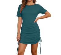 Générique Robe Moulante à Manches Courtes Sexy Chic pour Femme Mini Cordon de Serrage Plissée Courte Décontractée Mode Robe été Élégante pour Soirée Cocktail Party